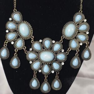 Blue Statement Bib Necklace Antique Gold Tone Boho Floral Teardrop Costume